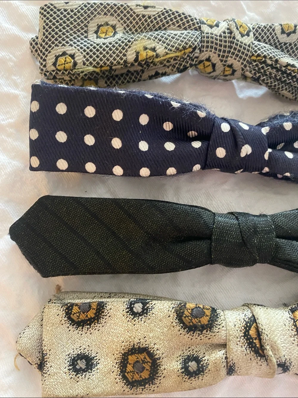 Vintage Men's Bow Ties Set - Navy Polka Dot, Black, Patterned Gold/Beige Retro